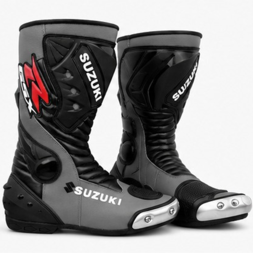 TRIFECTA Storm Racing Motorcycle Boots | Grey & Black Biker Boots for Men