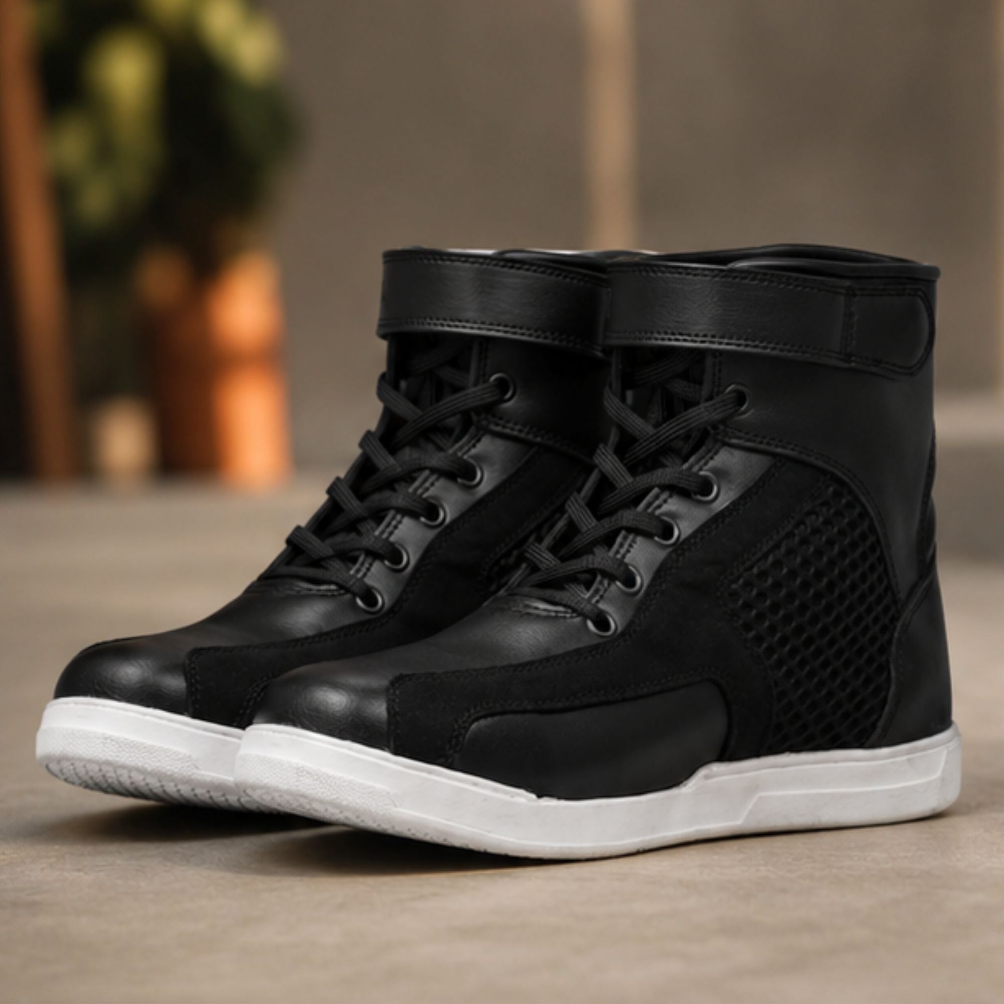 Men's Motorcycle Riding Sneakers – Black High-Top Motorcycle Shoes with Ankle Strap