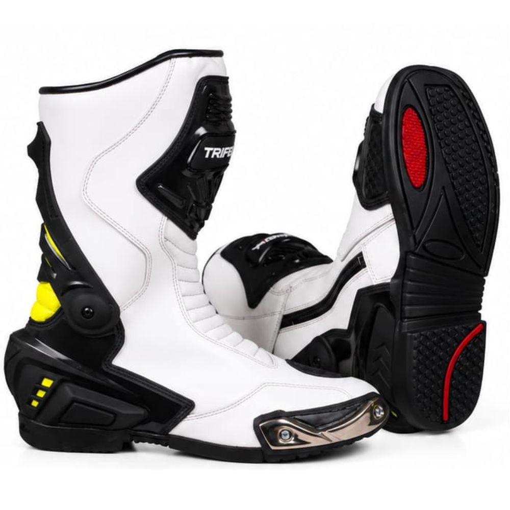 Men's White and Black Motorcycle Racing Boots – High-Performance Protective Riding Boots with Neon Yellow Accents and Reinforced Toe Sliders