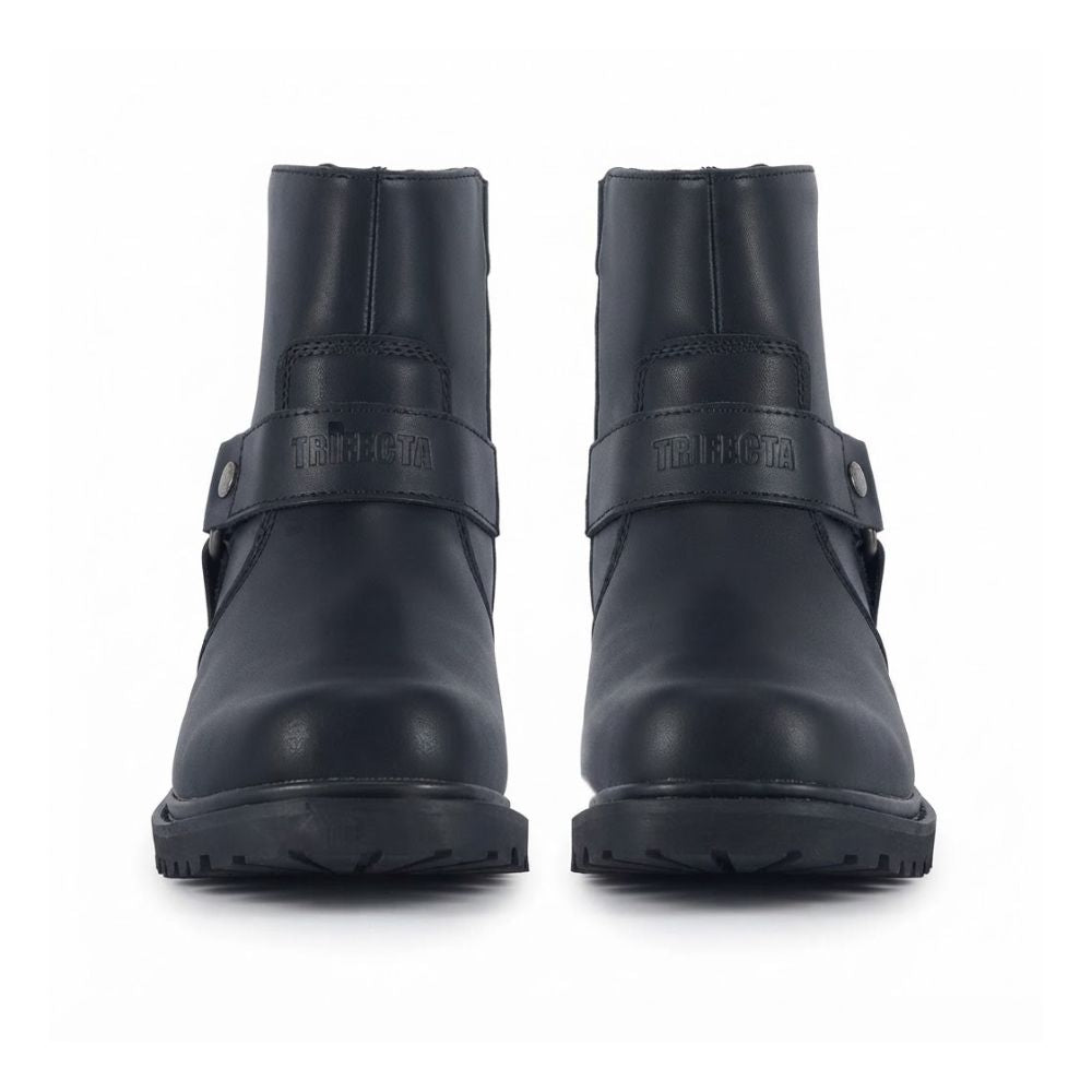 A pair of black leather ankle boots with a strap detail across the instep, shown from a front-facing perspective on a white background.