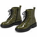 Women’s Olive Green PVC Leather Ankle Biker Boots – Glossy Lace-Up Combat Moto Boots with Side Zip