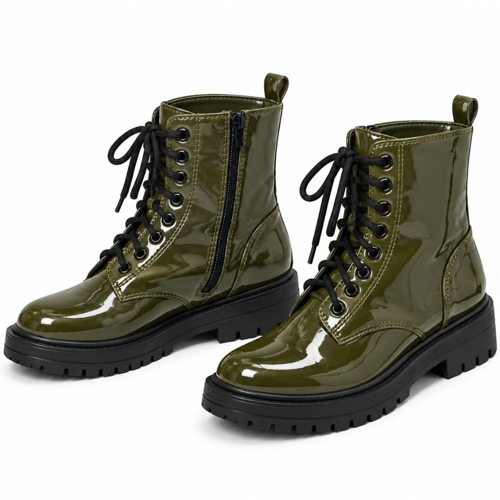 Women’s Olive Green PVC Leather Ankle Biker Boots – Glossy Lace-Up Combat Moto Boots with Side Zip