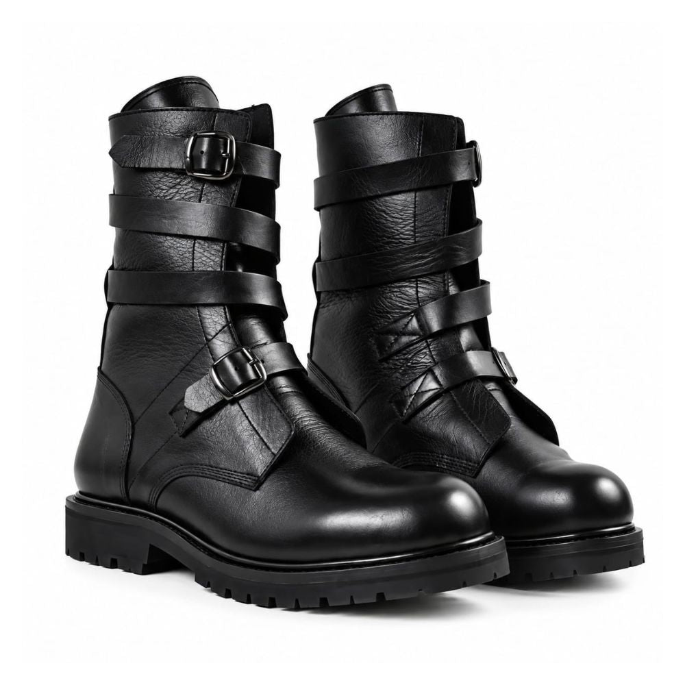 Men’s Black Leather Biker Boots – Rugged Lug Sole and Buckle Accents