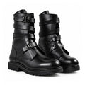 Men’s Black Leather Biker Boots – Rugged Lug Sole and Buckle Accents