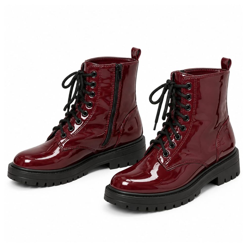 Women’s Burgundy Ankle Biker Boots – Glossy Lace-Up Combat Moto Boots with Side Zip