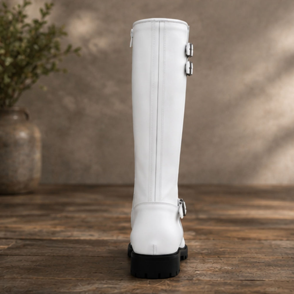 Premium Women's White Knee-High Leather Riding Boots with Adjustable Buckle Straps & Side Zipper