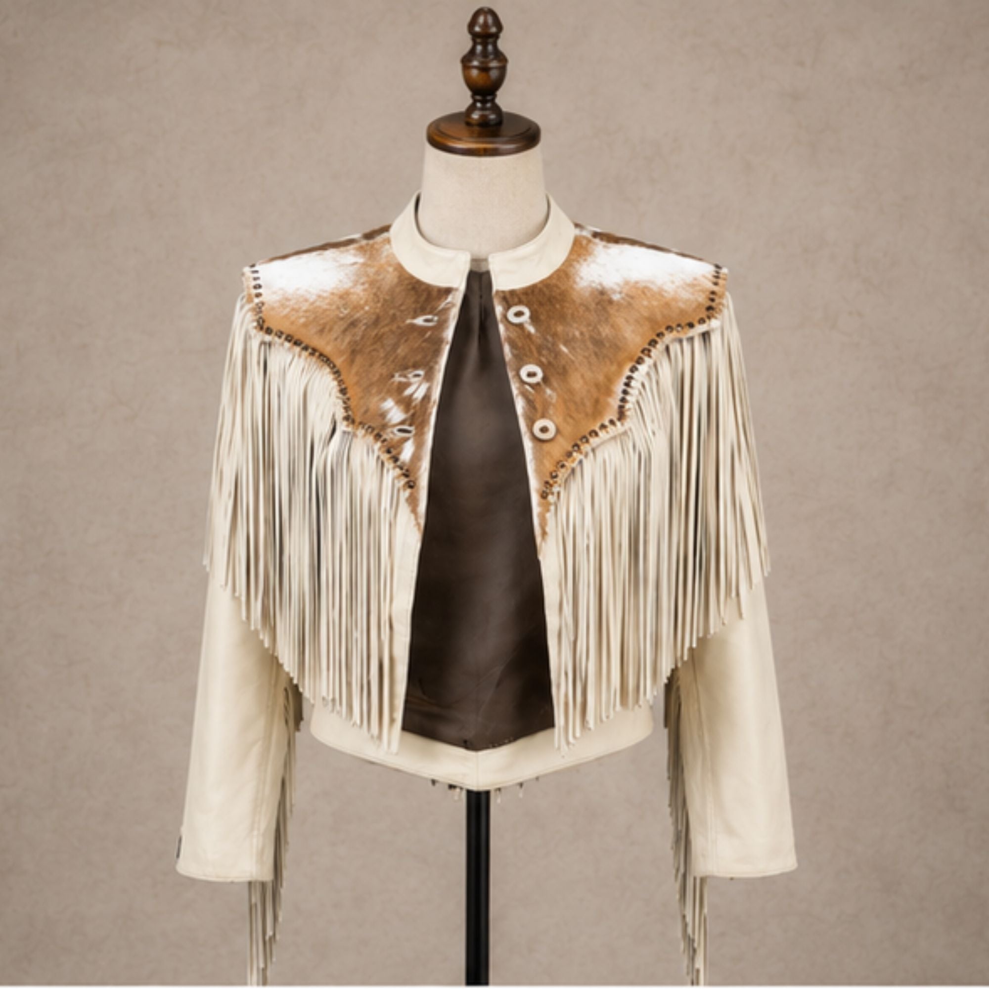 Women’s Western Fringe Leather Jacket | Vintage Brown & Ivory Cowhide Jacket | Long Tassel Cowboy Biker Outerwear | Boho Rodeo Style