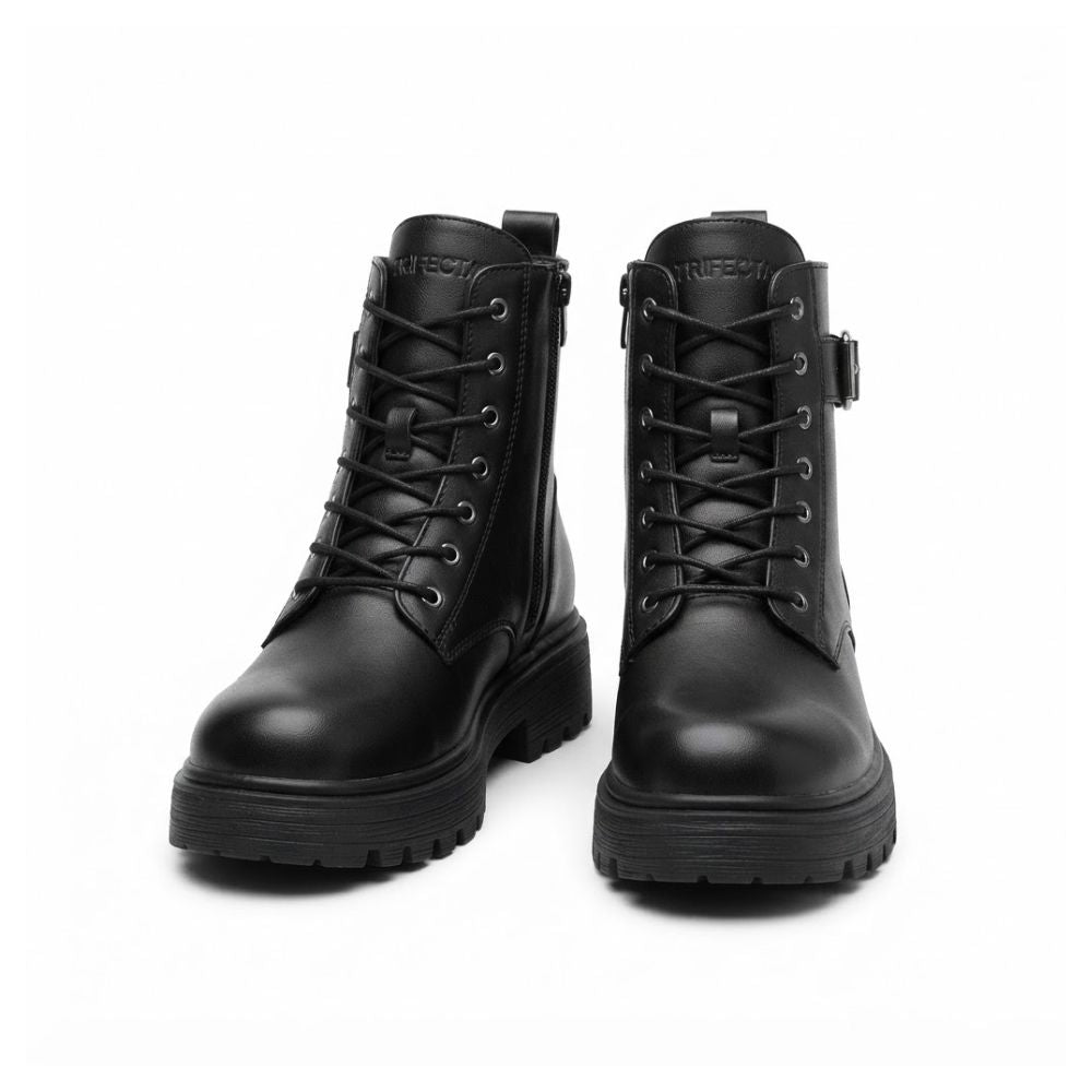 Women’s Black Leather Motorcycle Boots – Lace-Up Riding & Biker Boots with Side Zip