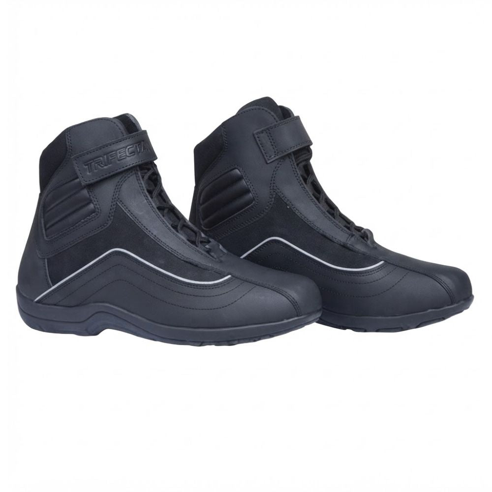A pair of black high-top motorcycle boots with white accent lines and a hook-and-loop strap on the ankle, shown against a plain white background.