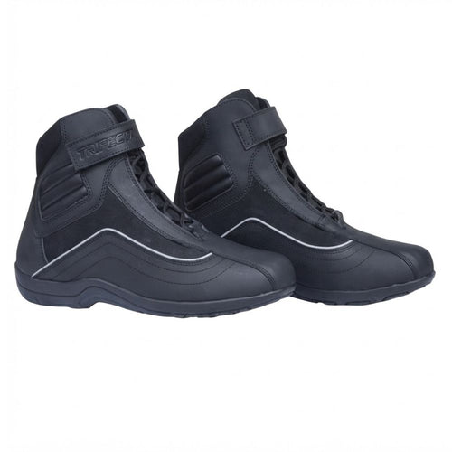 A pair of black high-top motorcycle boots with white accent lines and a hook-and-loop strap on the ankle, shown against a plain white background.
