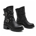 Women’s Black Biker Ankle Boots – Double Buckle Strap Design with Side Zipper