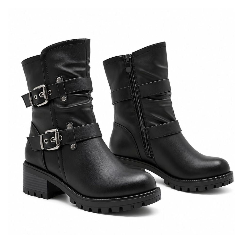 Women’s Black Biker Ankle Boots – Double Buckle Strap Design with Side Zipper