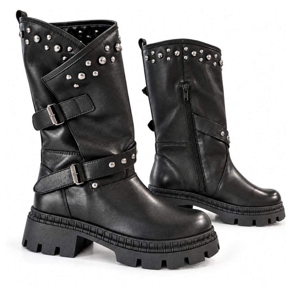Women’s Black Studded Biker Boots – Mid-Calf Moto Boots with Buckle Straps & Chunky Lug Sole