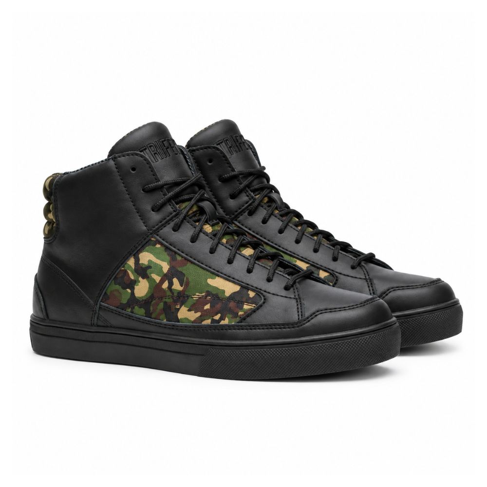 Men’s Black Leather Motorcycle Sneakers with Camouflage Side Panels – Protective Lace-Up Riding Shoes
