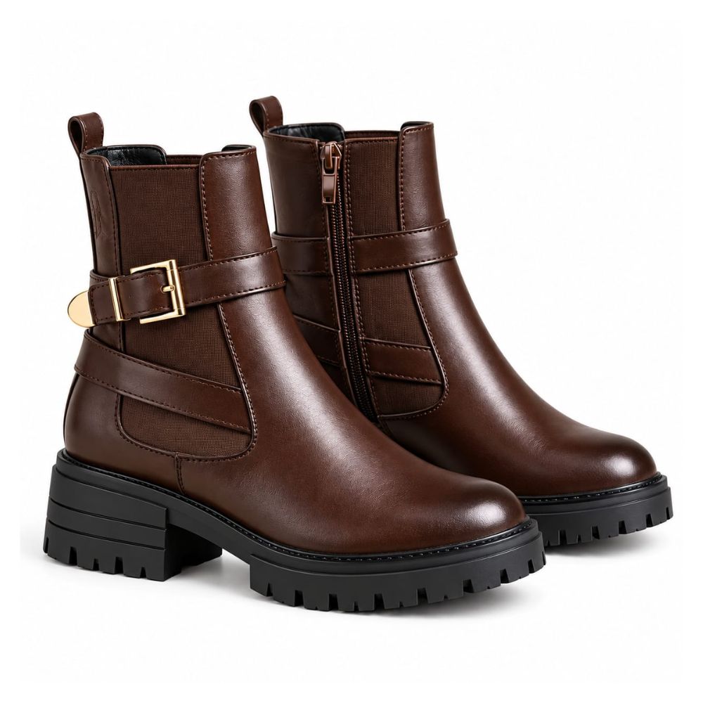 Women’s Brown Leather Ankle Biker Boots – Buckle Strap & Side Zipper with Chunky Lug Sole