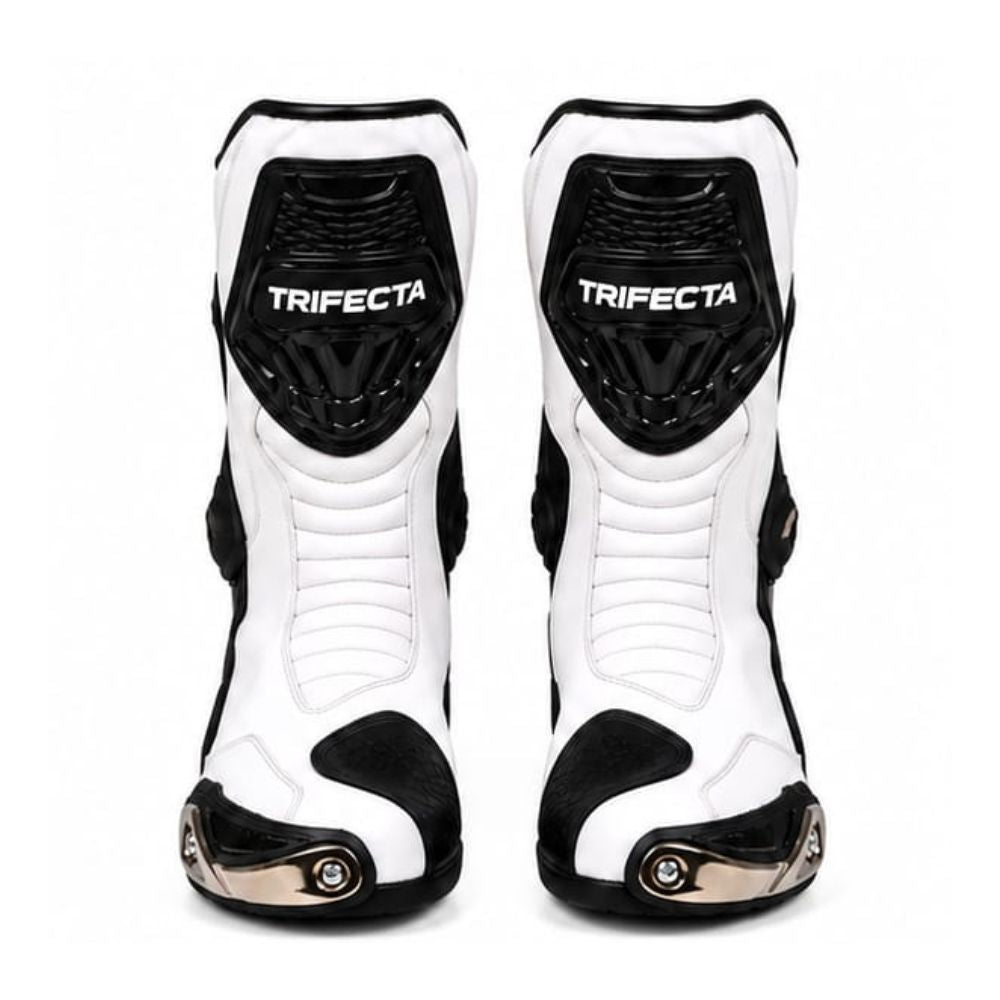 Men's White and Black Motorcycle Racing Boots – High-Performance Protective Riding Boots with Neon Yellow Accents and Reinforced Toe Sliders
