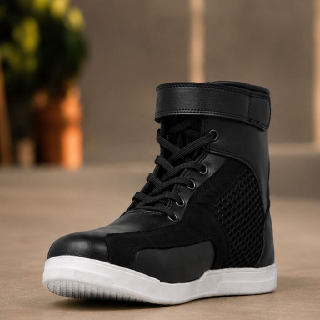 Men's Motorcycle Riding Sneakers – Black High-Top Motorcycle Shoes with Ankle Strap