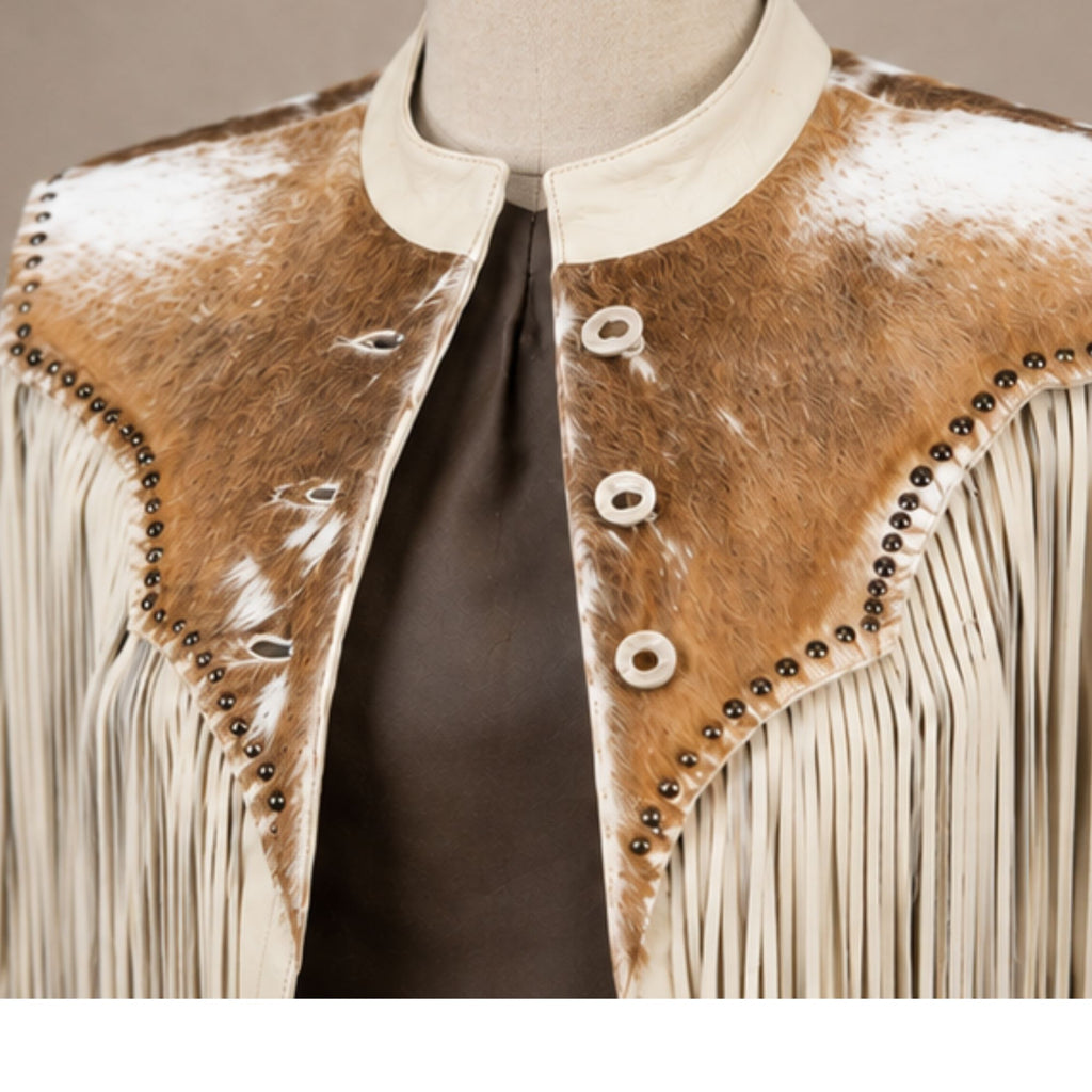 Women’s Western Fringe Leather Jacket | Vintage Brown & Ivory Cowhide Jacket | Long Tassel Cowboy Biker Outerwear | Boho Rodeo Style