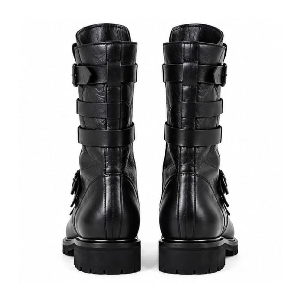 Men’s Black Leather Biker Boots – Rugged Lug Sole and Buckle Accents