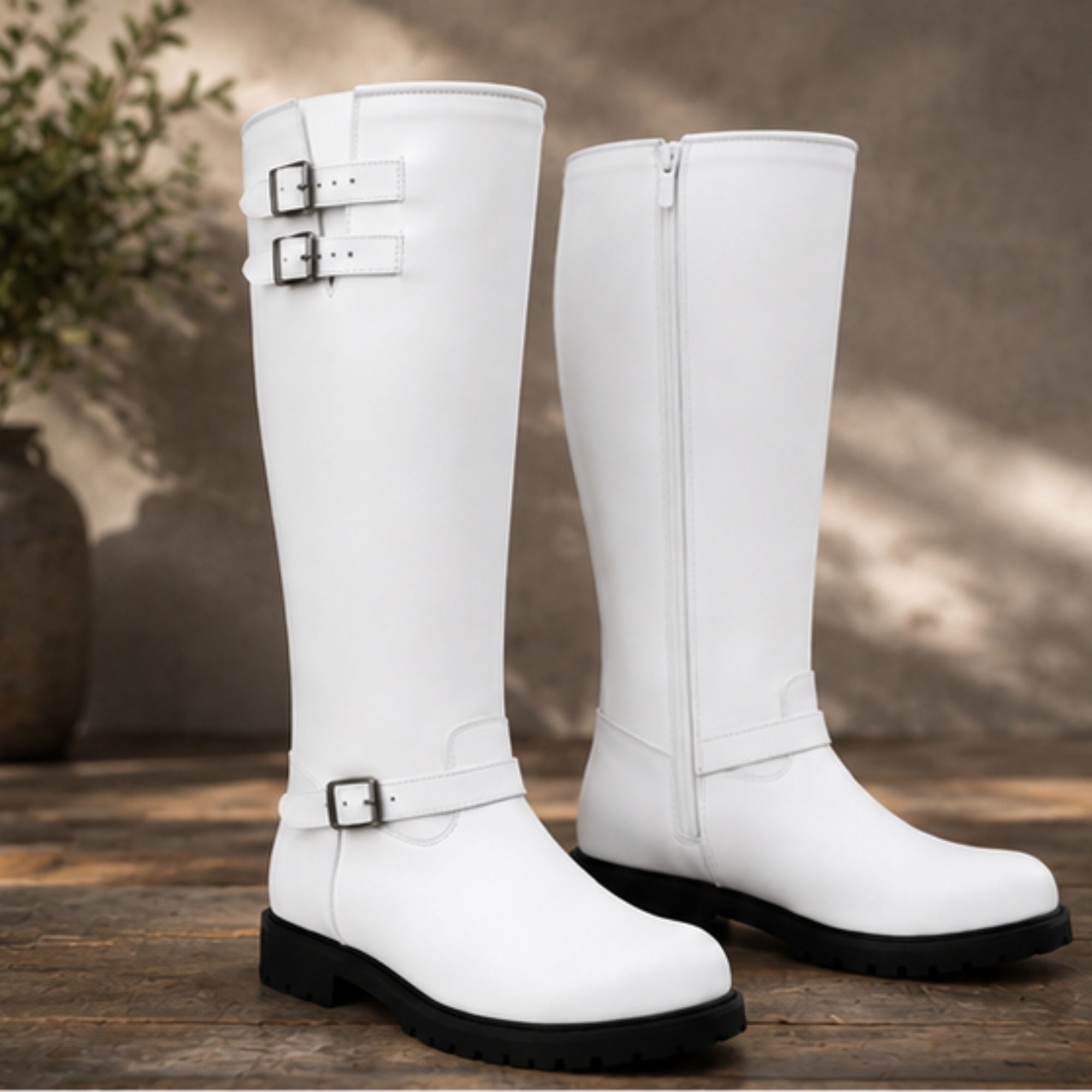 Premium Women's White Knee-High Leather Riding Boots with Adjustable Buckle Straps & Side Zipper