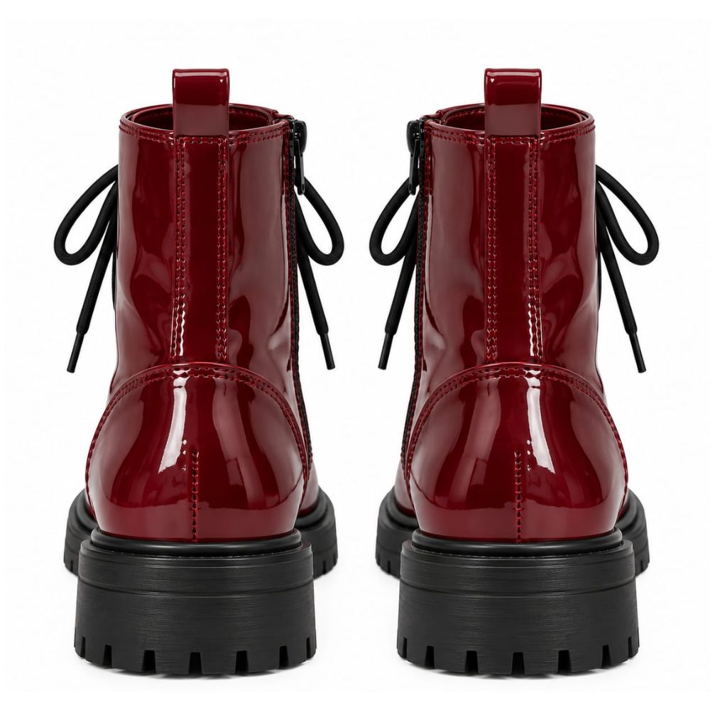 Women’s Burgundy Ankle Biker Boots – Glossy Lace-Up Combat Moto Boots with Side Zip