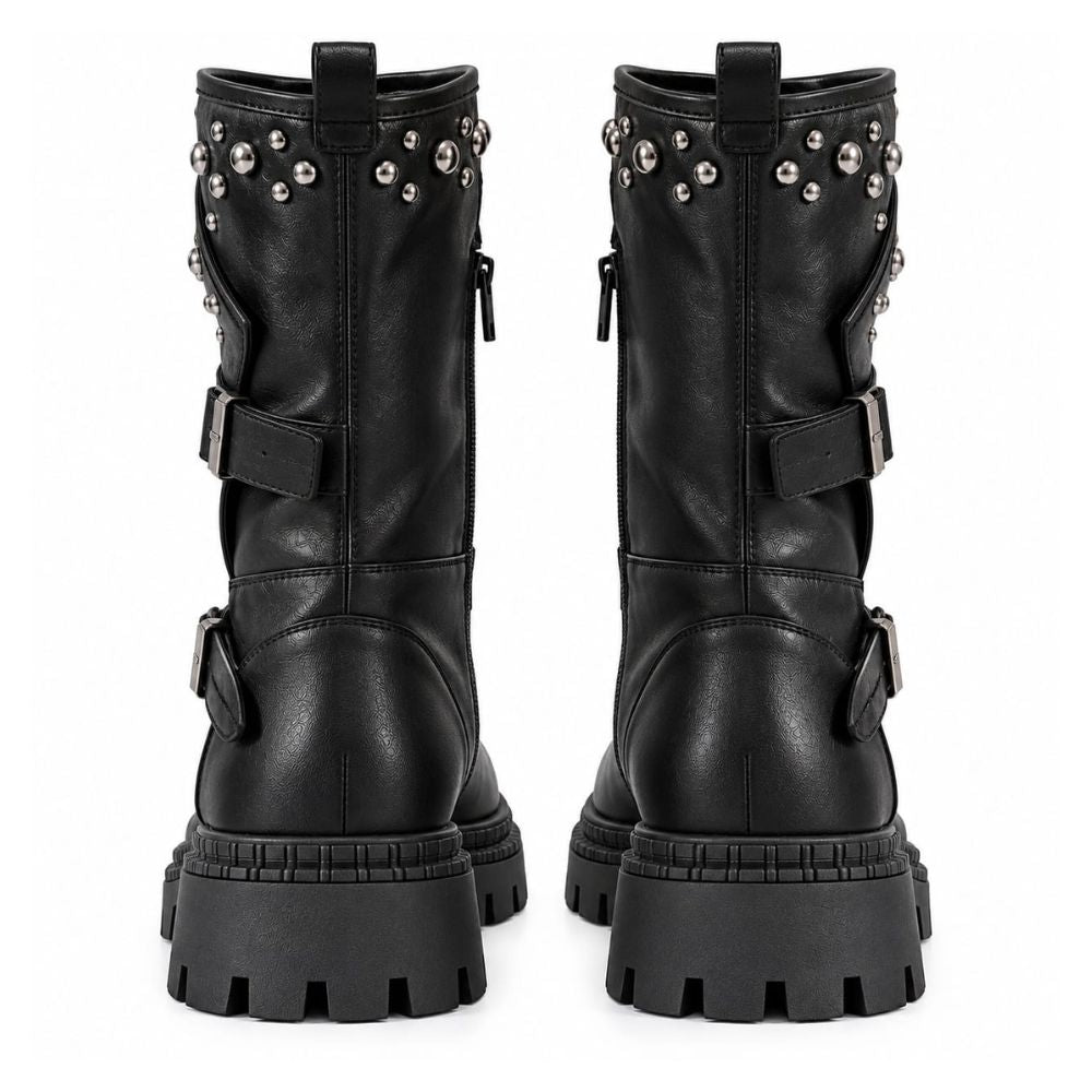 Women’s Black Studded Biker Boots – Mid-Calf Moto Boots with Buckle Straps & Chunky Lug Sole