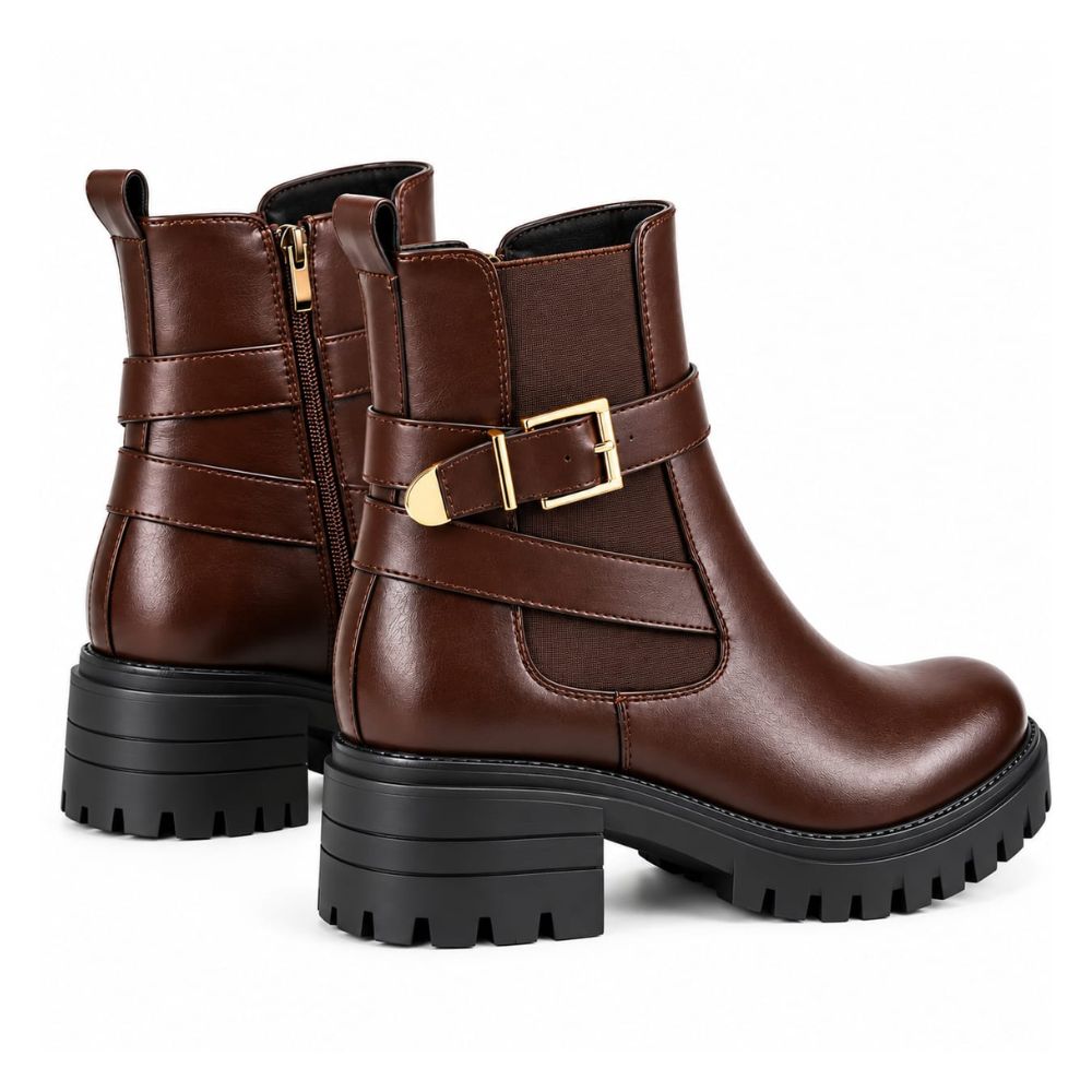 Women’s Brown Leather Ankle Biker Boots – Buckle Strap & Side Zipper with Chunky Lug Sole