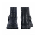 A pair of black leather ankle boots shown from the front and side against a plain white background.