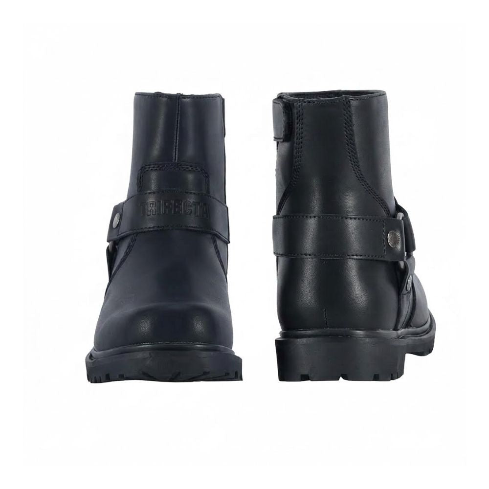 A pair of black leather ankle boots shown from the front and side against a plain white background.