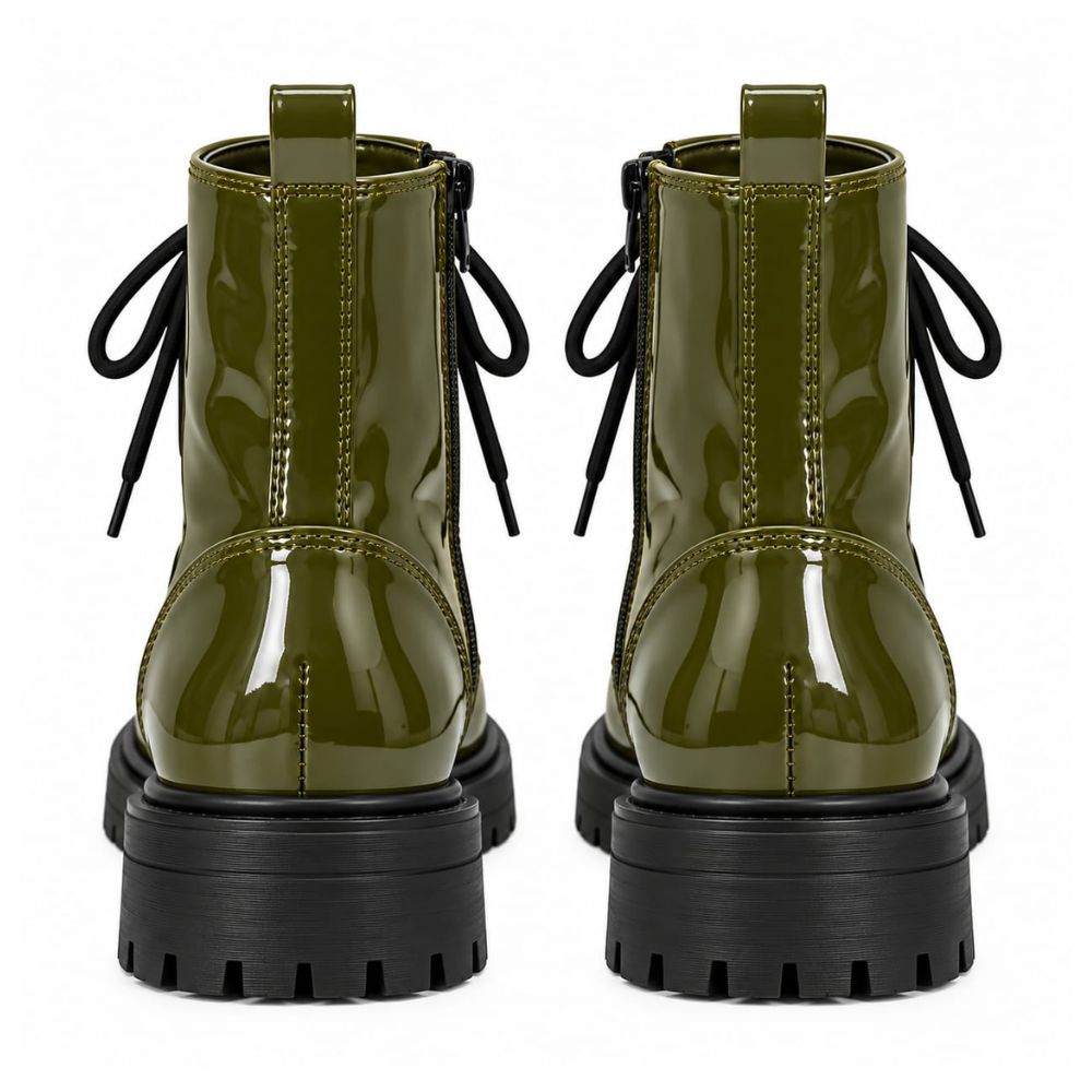 Women’s Olive Green PVC Leather Ankle Biker Boots – Glossy Lace-Up Combat Moto Boots with Side Zip