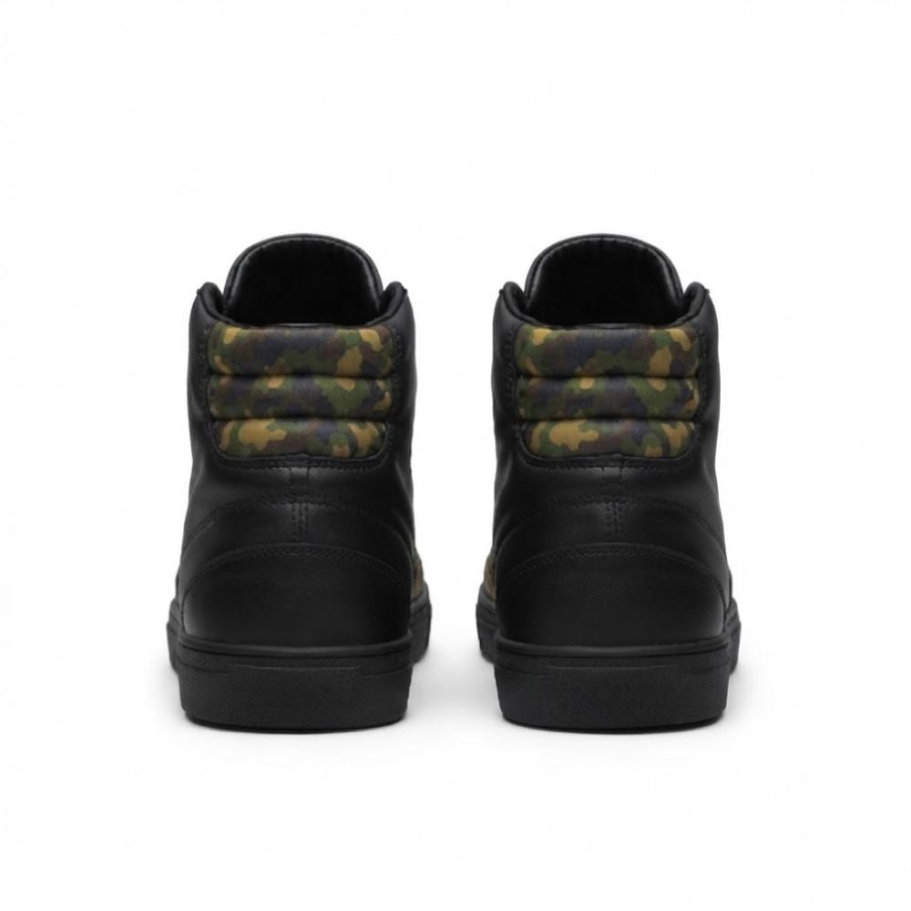 Men’s Black Leather Motorcycle Sneakers with Camouflage Side Panels – Protective Lace-Up Riding Shoes