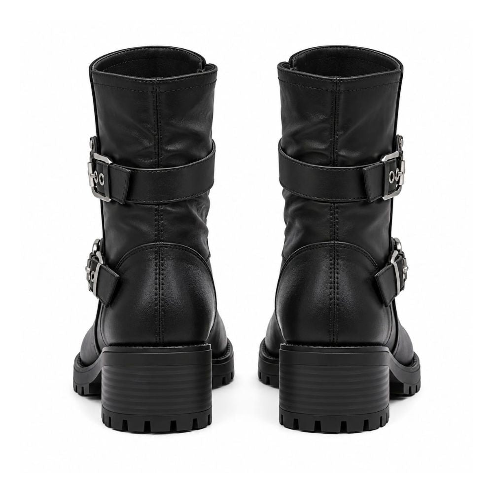 Women’s Black Biker Ankle Boots – Double Buckle Strap Design with Side Zipper