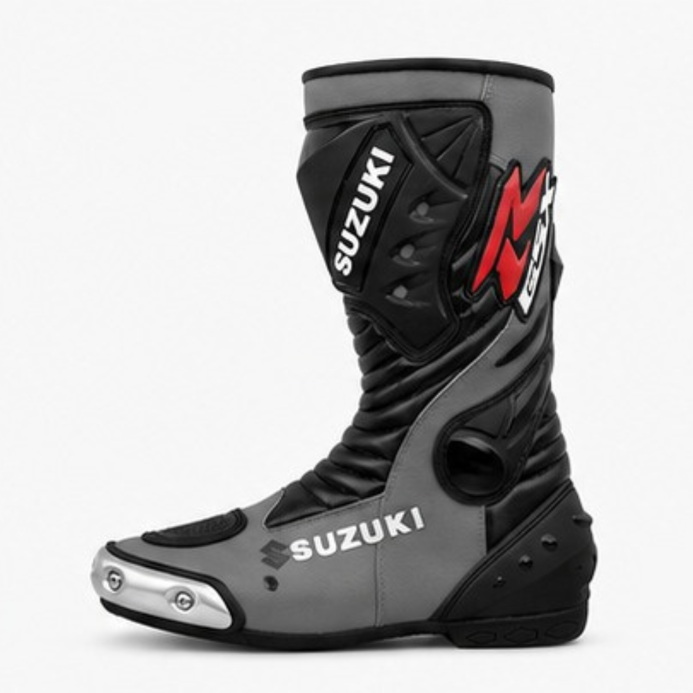 TRIFECTA Storm Racing Motorcycle Boots | Grey & Black Biker Boots for Men