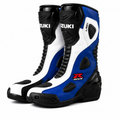 TRIFECTA Circuit Racing Motorcycle Boots – Blue White & Black Biker Boots for Men, Tall Shaft