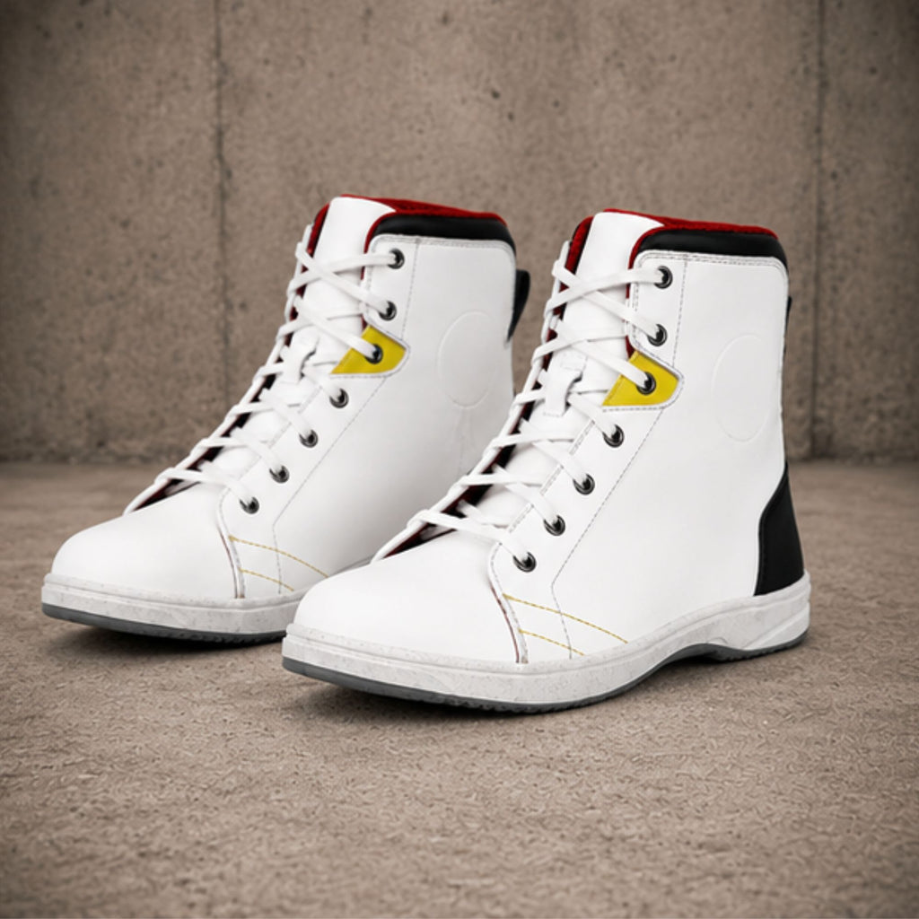 Trifecta Sneakers on Motorcycle | White High-Top Riding Boots for Men's