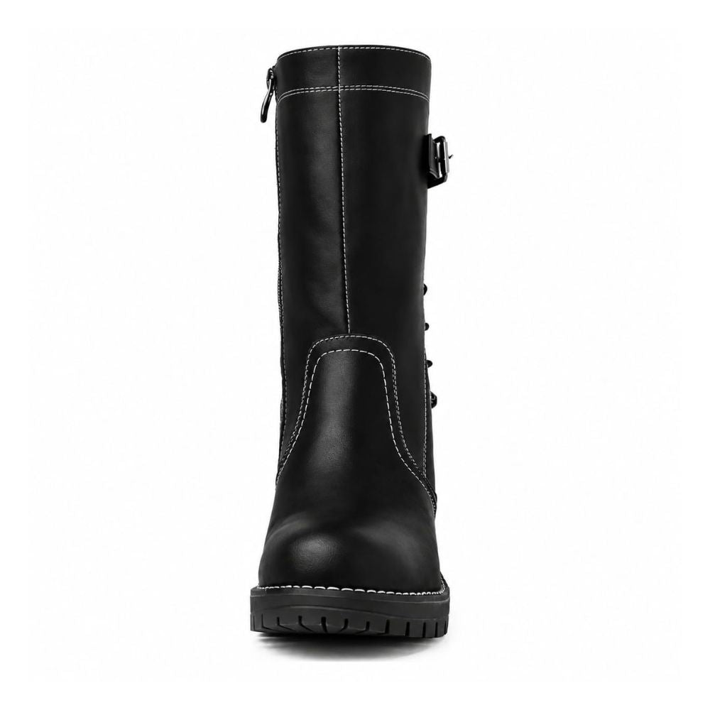 Women’s Black Leather Boots - Mid-Calf Lace-Up Boots with Side Zipper and Buckle Strap