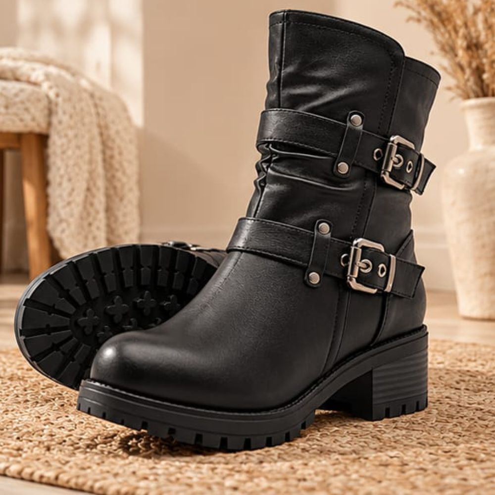 Women’s Black Biker Ankle Boots – Double Buckle Strap Design with Side Zipper