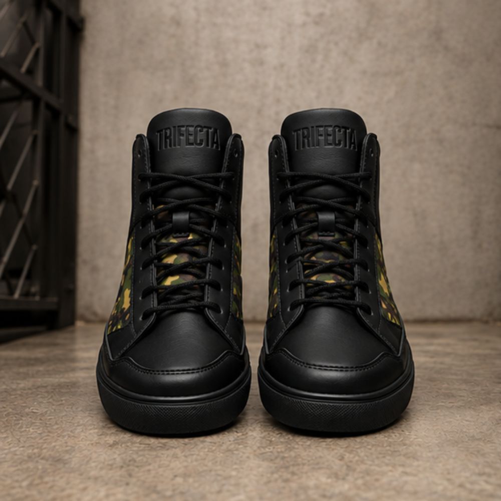 Men’s Black Leather Motorcycle Sneakers with Camouflage Side Panels – Protective Lace-Up Riding Shoes