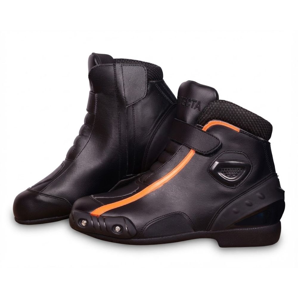 Men’s Leather Motorcycle Racing Boots - Black & Orange Sport Riding Boots with Ankle & Toe Protection