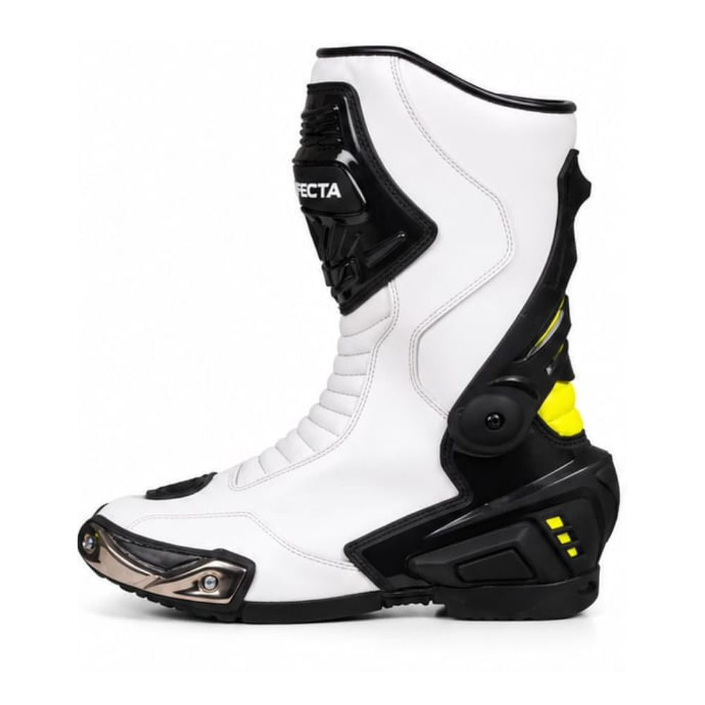 Men's White and Black Motorcycle Racing Boots – High-Performance Protective Riding Boots with Neon Yellow Accents and Reinforced Toe Sliders