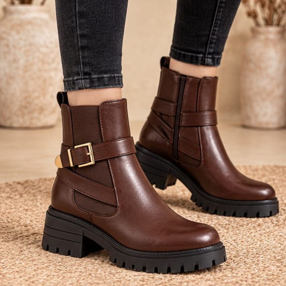 Women’s Brown Leather Ankle Biker Boots – Buckle Strap & Side Zipper with Chunky Lug Sole
