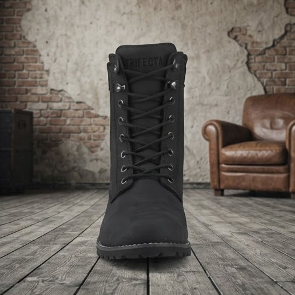 Black Men's Adventure Motorcycle Racing Boots - Full Leather Motorbike Riding Footwear
