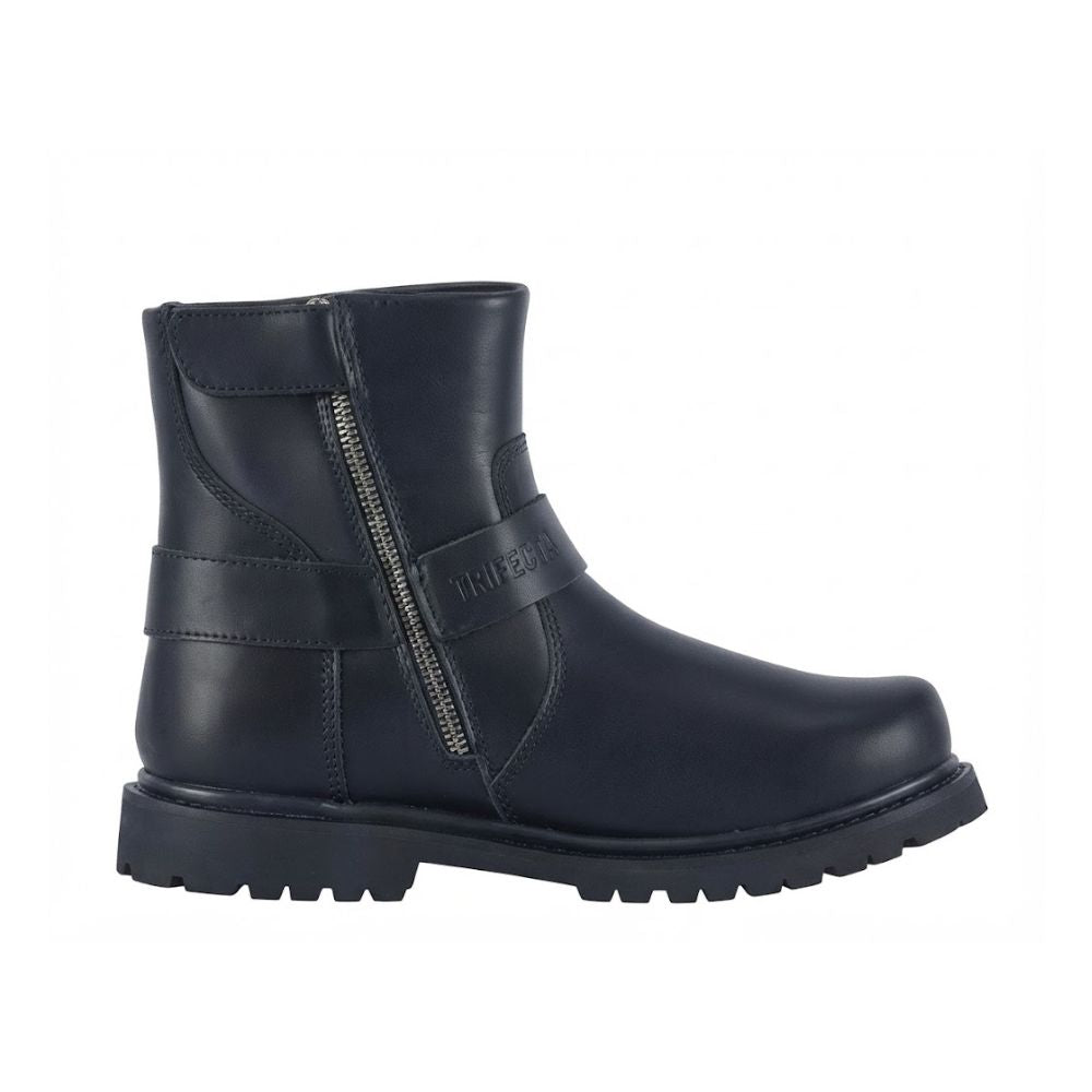 A black leather ankle boot with a side zipper, a strap across the instep, and a thick lug sole, shown from a side profile on a white background.