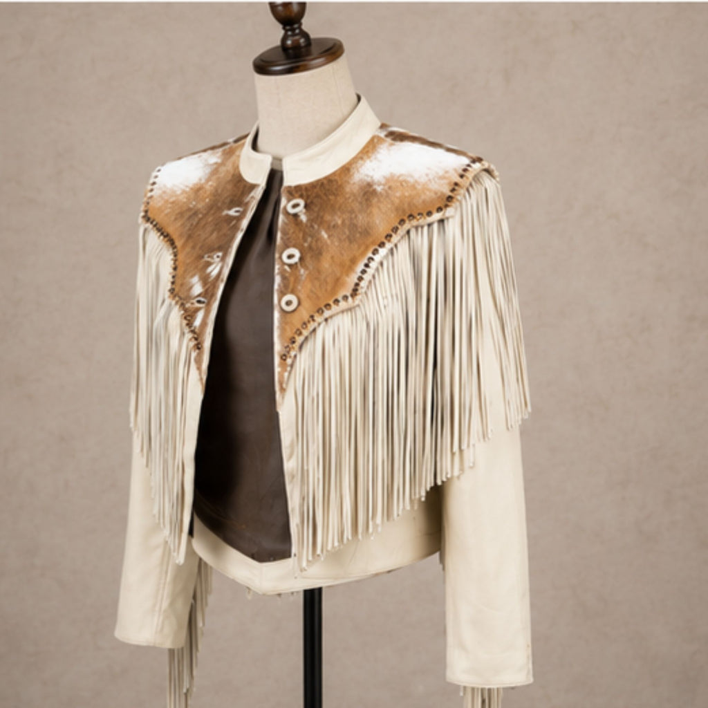 Women’s Western Fringe Leather Jacket | Vintage Brown & Ivory Cowhide Jacket | Long Tassel Cowboy Biker Outerwear | Boho Rodeo Style
