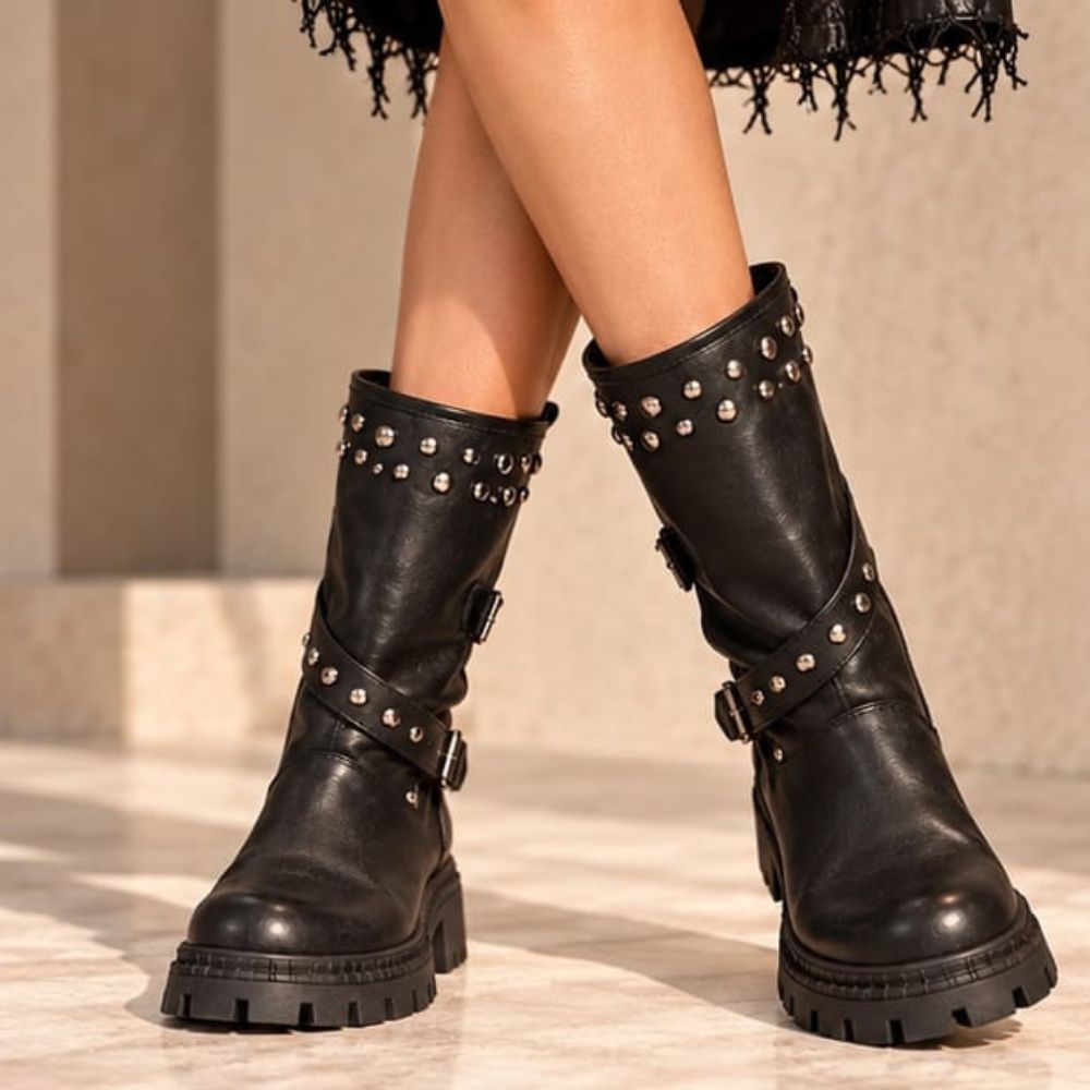 Women’s Black Studded Biker Boots – Mid-Calf Moto Boots with Buckle Straps & Chunky Lug Sole