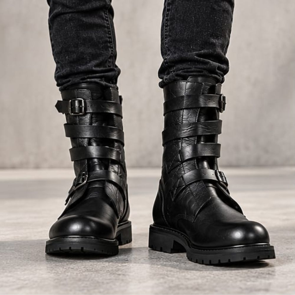 Men’s Black Leather Biker Boots – Rugged Lug Sole and Buckle Accents