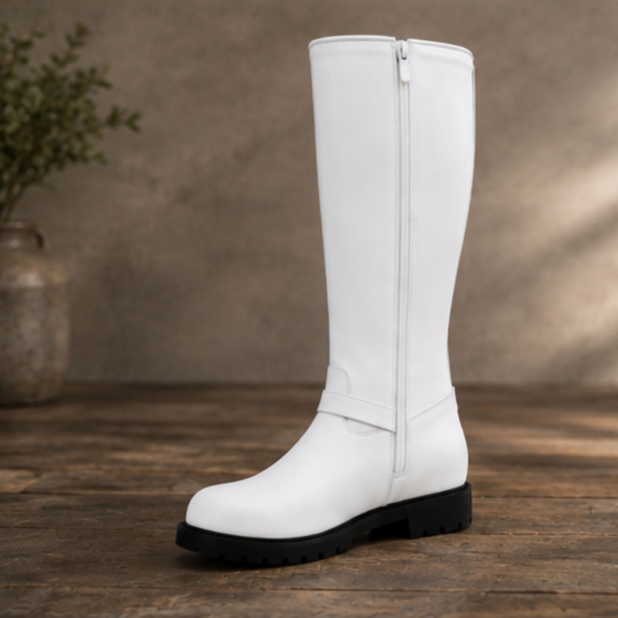 Premium Women's White Knee-High Leather Riding Boots with Adjustable Buckle Straps & Side Zipper