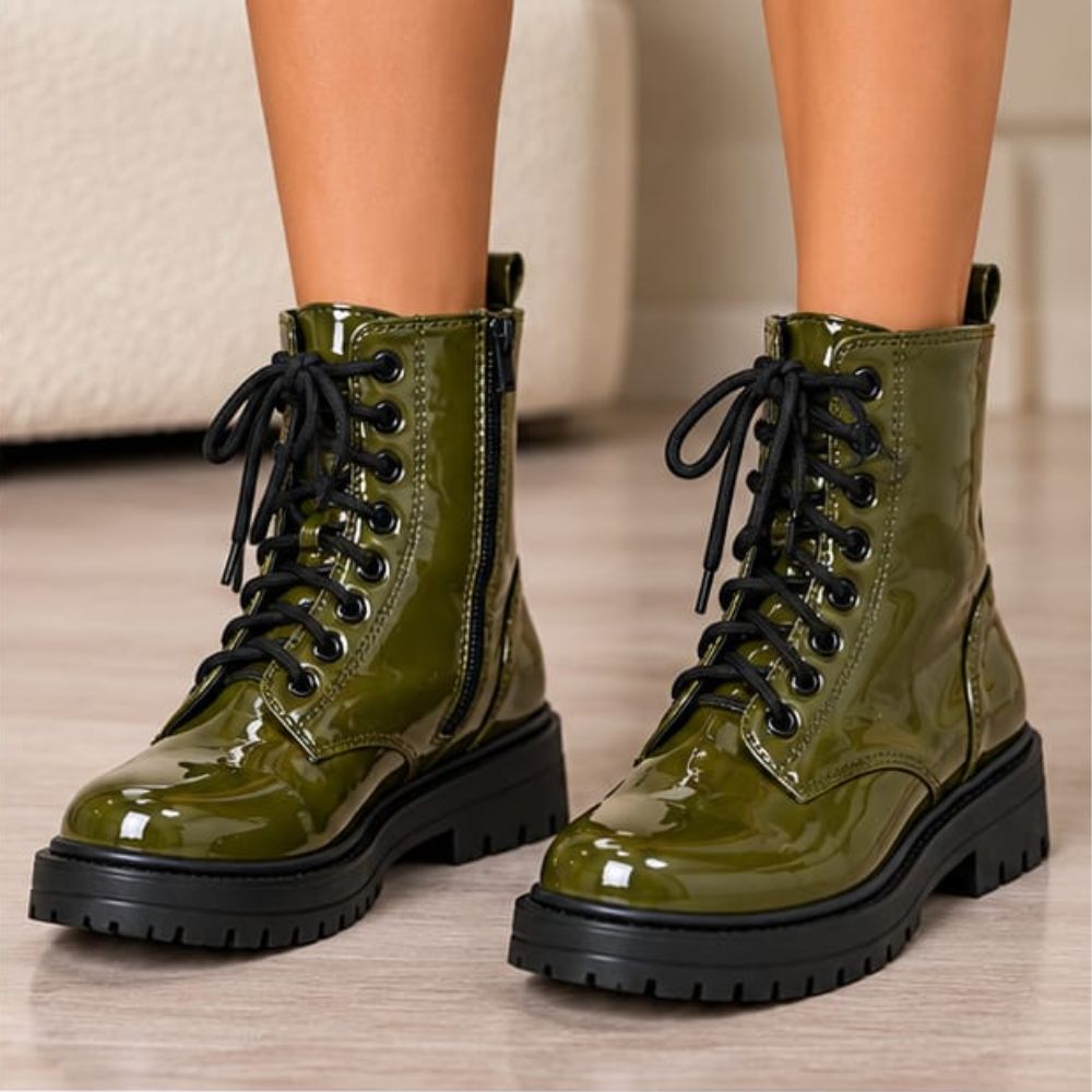 Women’s Olive Green PVC Leather Ankle Biker Boots – Glossy Lace-Up Combat Moto Boots with Side Zip