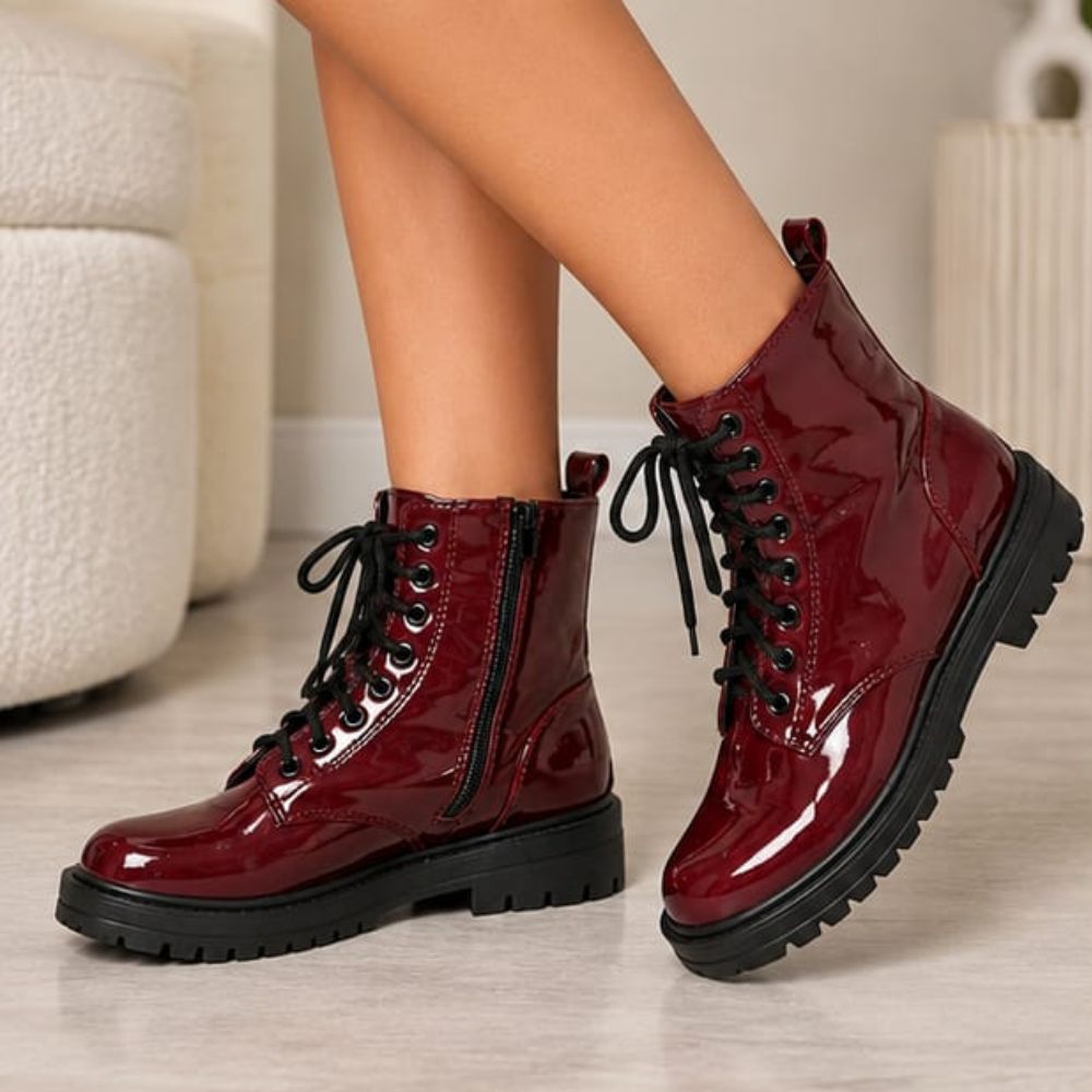 Women’s Burgundy Ankle Biker Boots – Glossy Lace-Up Combat Moto Boots with Side Zip