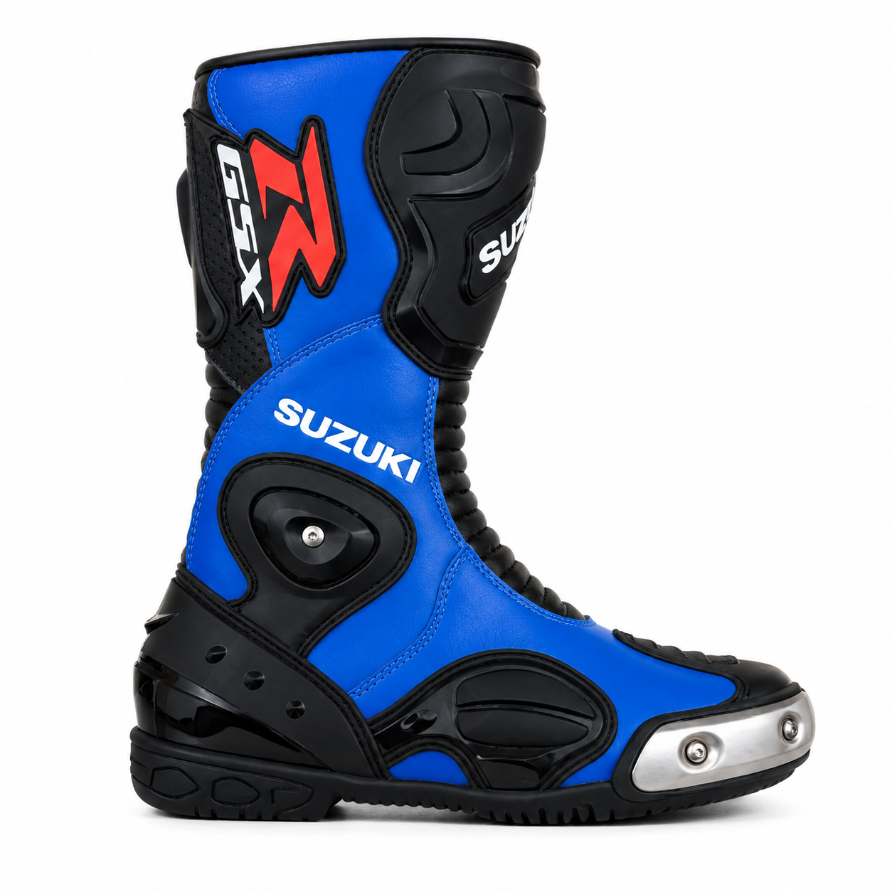TRIFECTA Velocity Racing Motorcycle Boots | Blue & Black Biker Boots with Rigid Shin Guard & Alloy Toe Slider